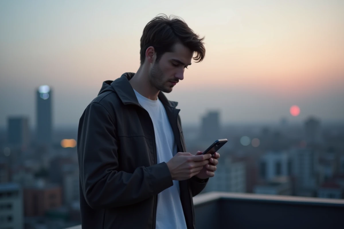 Jeune homme sur un toit de ville en fin de journée