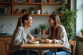 Jeunes adultes rient en partageant un repas dans une cuisine chaleureuse
