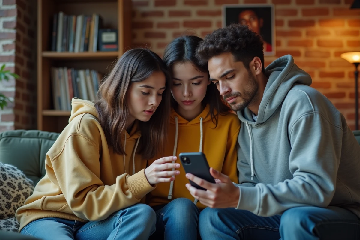 Jeunes adultes découvrant une légende urbaine sur un smartphone dans un appartement urbain, en référence à La Femme de Jul