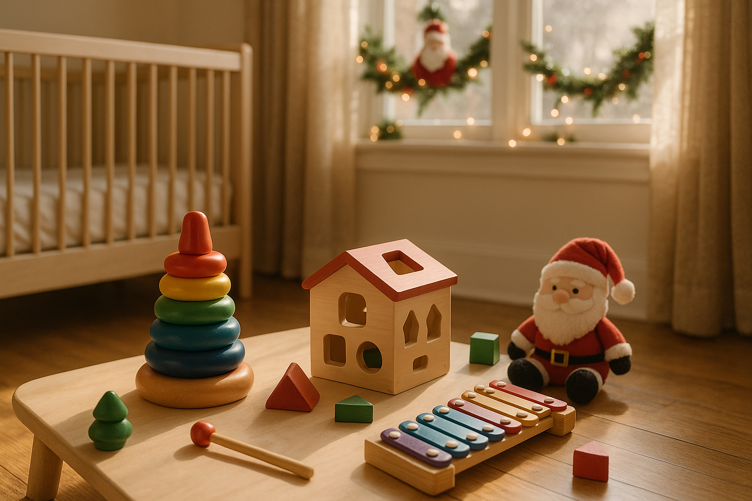 Famille jouant ensemble à Noël autour de jouets et jeux