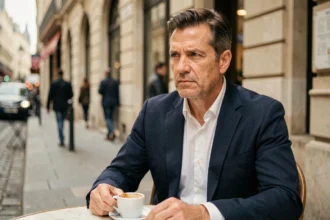 Journaliste discret attablé dans un café parisien, regard fuyant, posture réservée illustrant la protection de sa vie privée