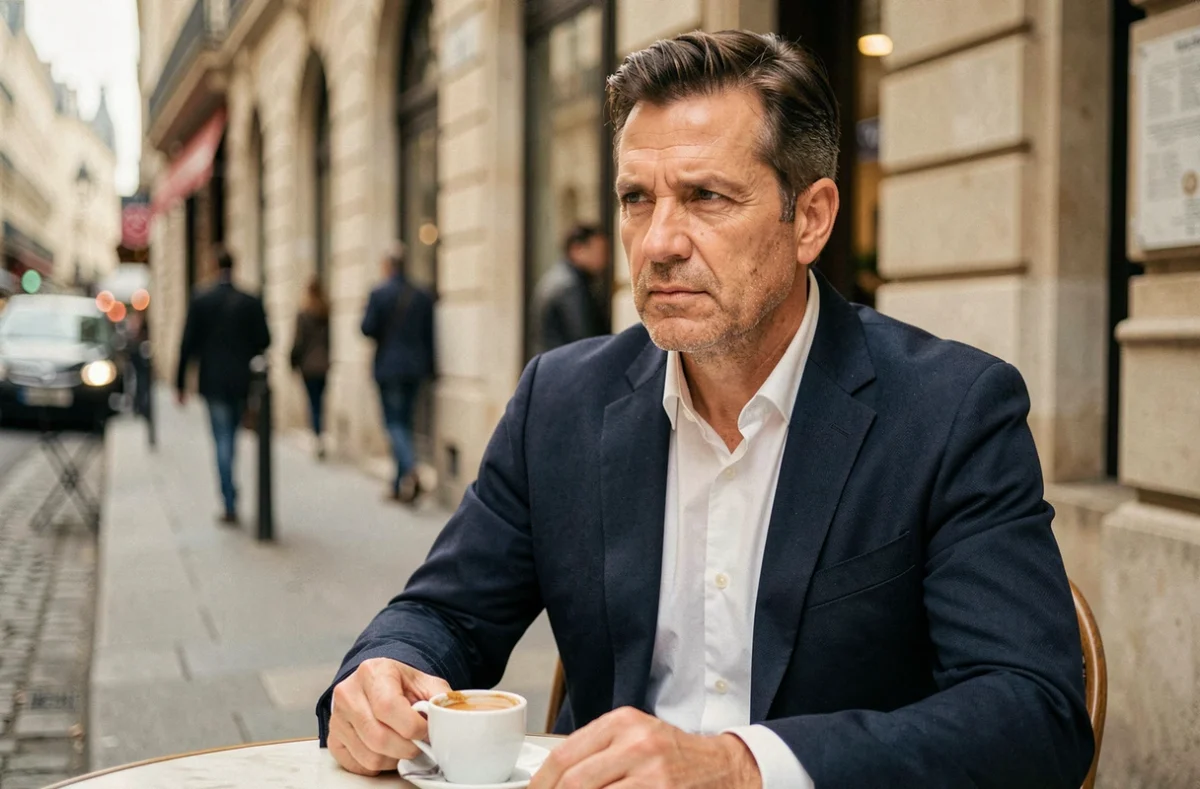 Journaliste discret attablé dans un café parisien, regard fuyant, posture réservée illustrant la protection de sa vie privée