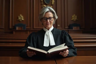 Juge en robe noire examinant un dossier d'adoption simple dans une salle d'audience française