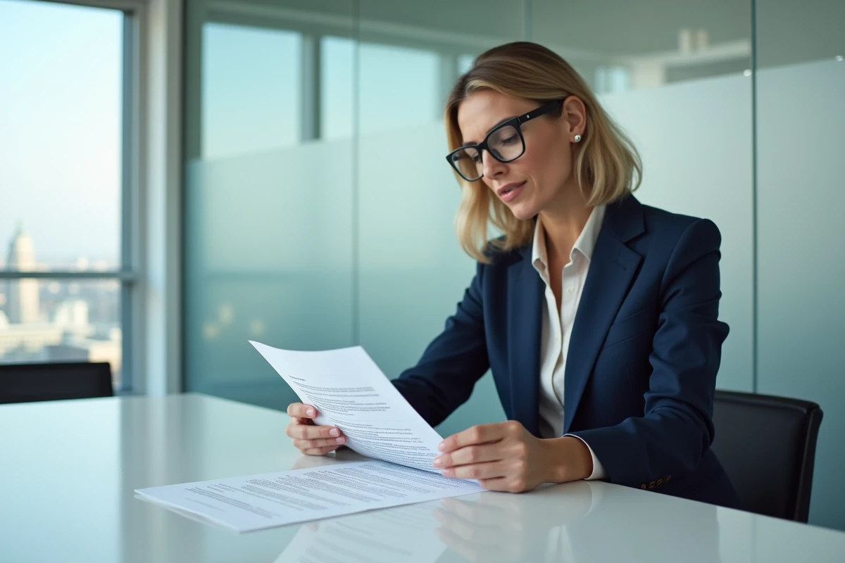 Femme juriste analysant un contrat d'apport de bien immobilier en société civile