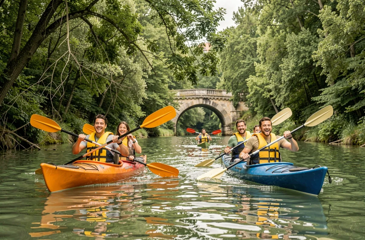 Groupe d'amis faisant du kayak sur une rivière en Seine-et-Marne lors d'une sortie en plein air