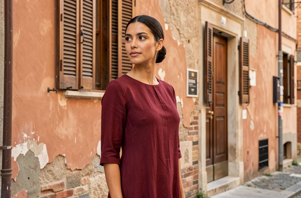 Femme élégante aux origines méditerranéennes posant devant un village rustique italien aux murs en stuc ocre