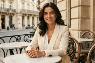 Femme aux traits méditerranéens élégante assise en terrasse de café parisien, illustrant les origines italiennes de Kelly Vedovelli
