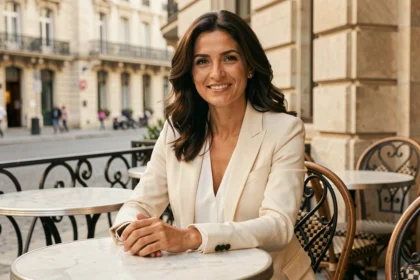 Femme aux traits méditerranéens élégante assise en terrasse de café parisien, illustrant les origines italiennes de Kelly Vedovelli