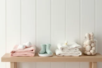 Étagère de nurserie en bois organisée avec des bodys, chaussettes et accessoires essentiels pour les premiers mois de bébé
