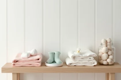 Étagère de nurserie en bois organisée avec des bodys, chaussettes et accessoires essentiels pour les premiers mois de bébé
