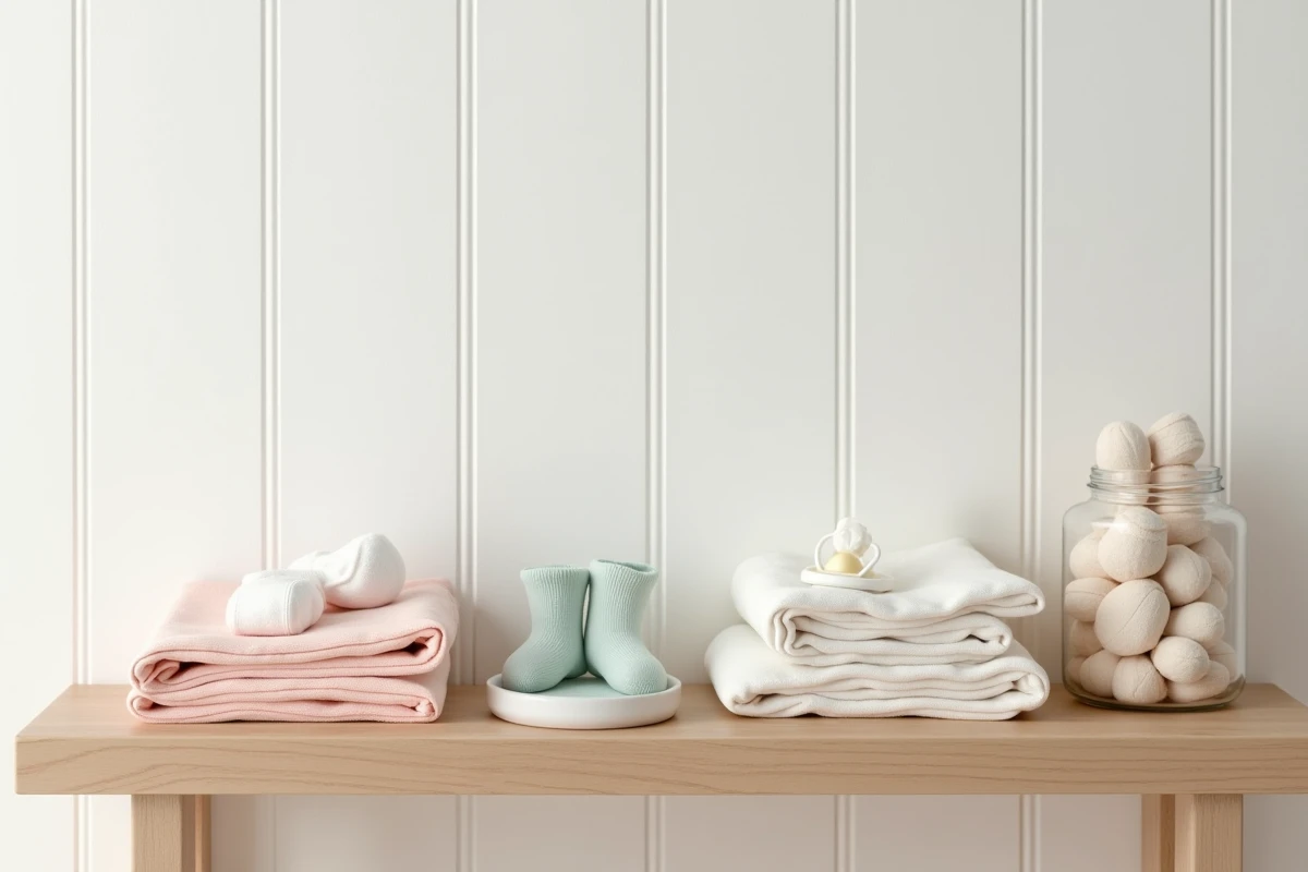 Étagère de nurserie en bois organisée avec des bodys, chaussettes et accessoires essentiels pour les premiers mois de bébé