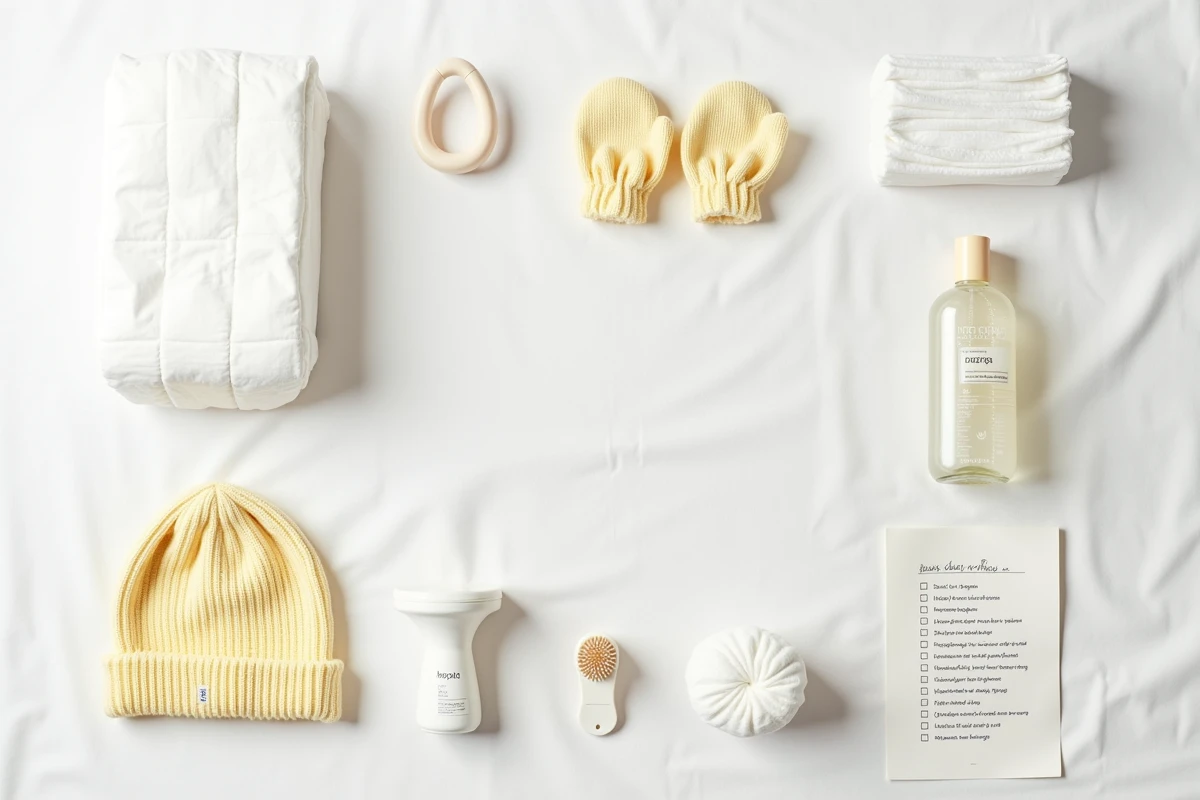 Flat lay des essentiels pour nouveau-né incluant couches, bonnet tricoté, gants et produits de soin pour liste de naissance