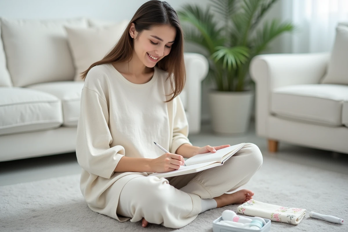 Jeune femme préparant une liste de naissance pour son bébé entourée d'accessoires essentiels pour nourrisson