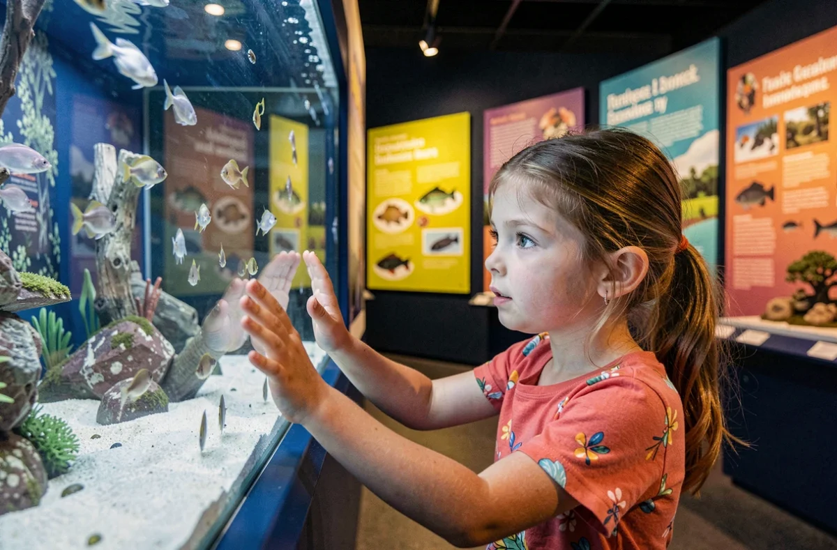 Une fillette observant des poissons dans un aquarium interactif à la Maison de l'Eau et de la Nature