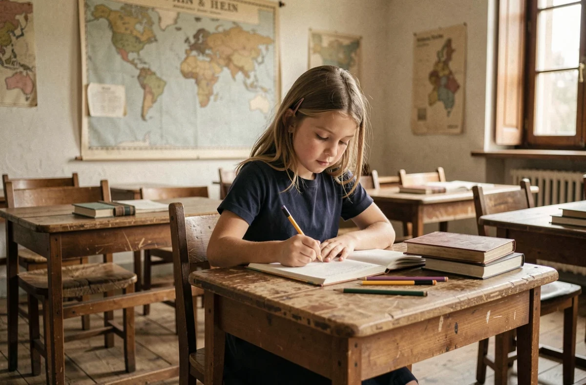 Une enfant dans une salle de classe reconstituée de la Maison d'Izieu, lieu de mémoire dans l'Ain