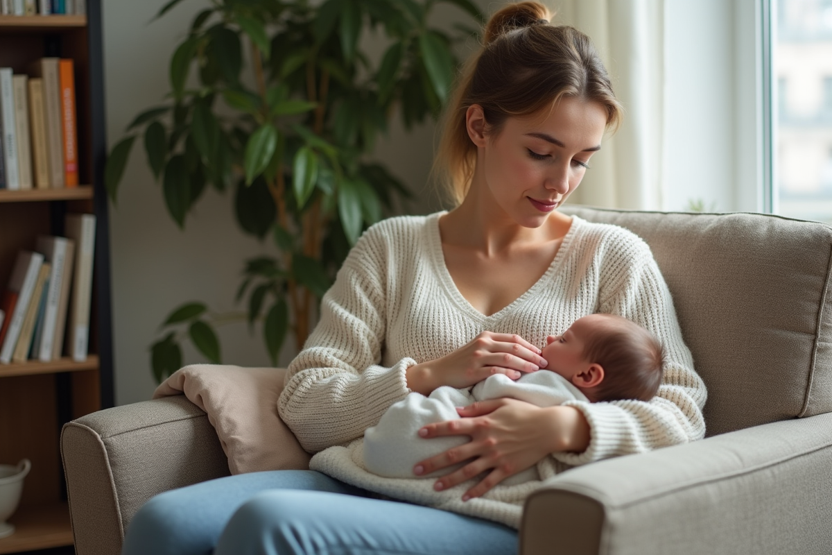 Jeune maman allaitant son bébé dans un salon cosy