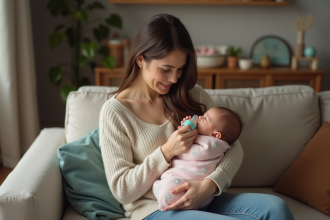 Jeune maman donnant le biberon à son bébé dans le salon