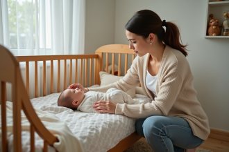Jeune maman posant doucement son bébé dans un berceau en bois