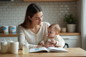 Maman et bébé dans la cuisine avec lait en poudre