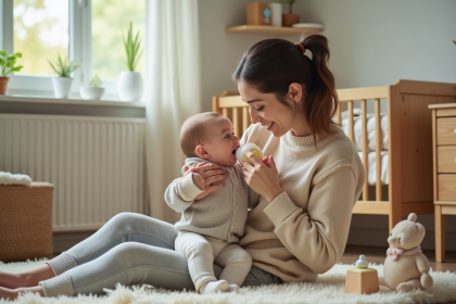 Jeune maman donnant le biberon à son bébé dans une nurserie chaleureuse
