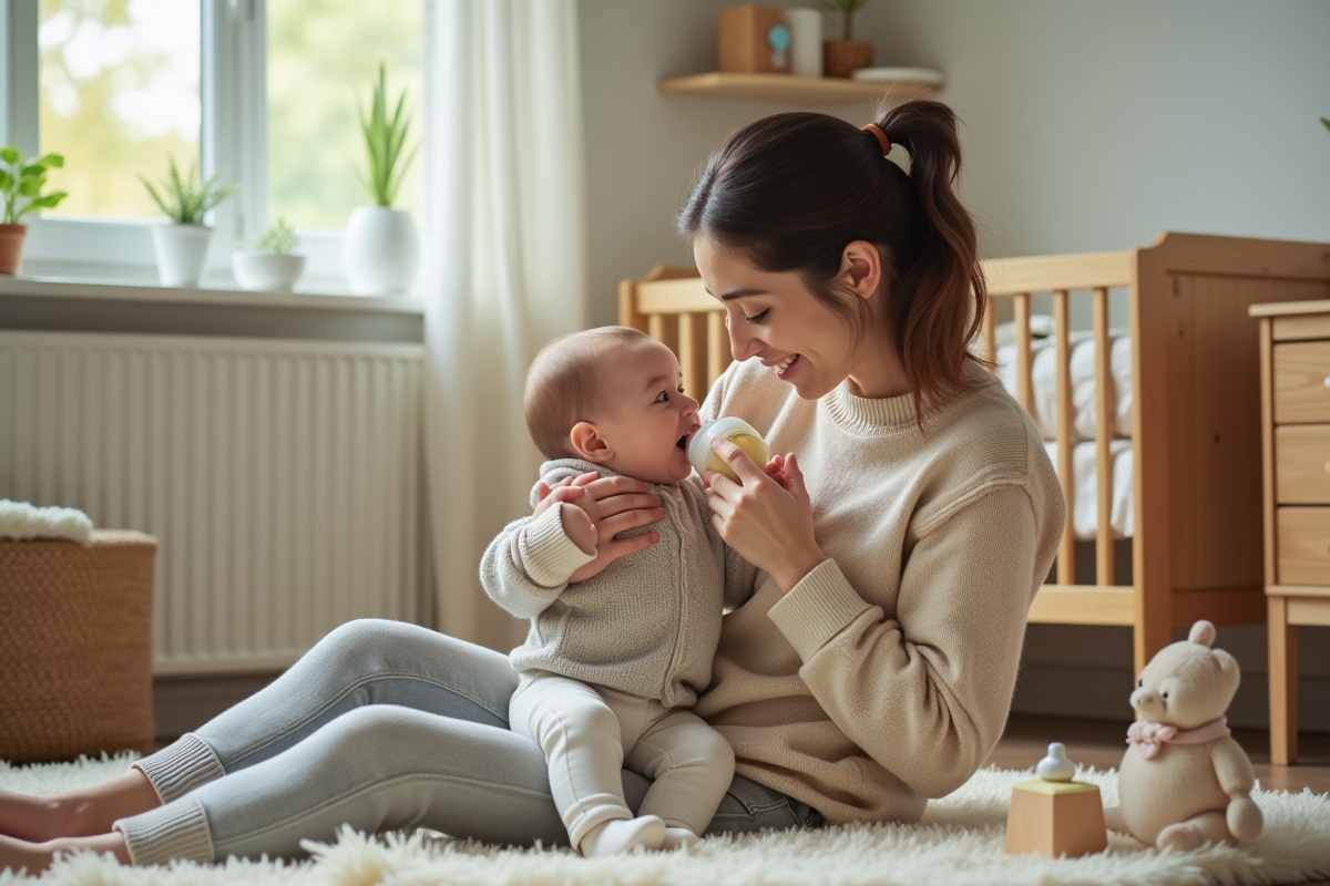 Jeune maman donnant le biberon à son bébé dans une nurserie chaleureuse
