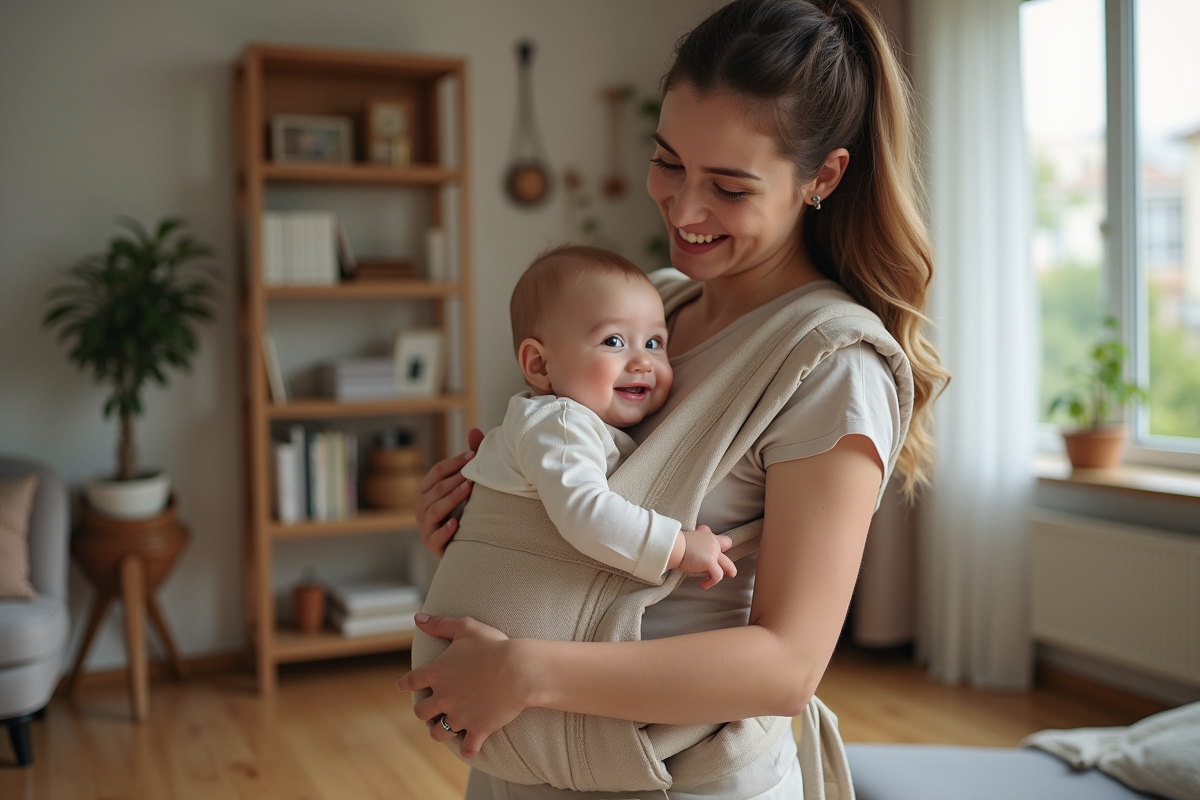 Maman souriante ajustant un porte-bébé avec bébé heureux