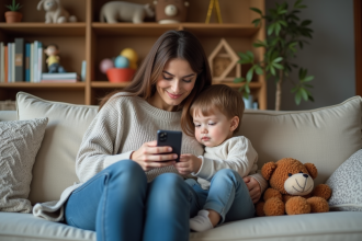 Maman avec son enfant sur le canapé en intérieur