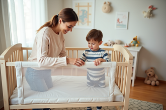Maman souriante vérifiant la barrière de lit bébé dans la nursery