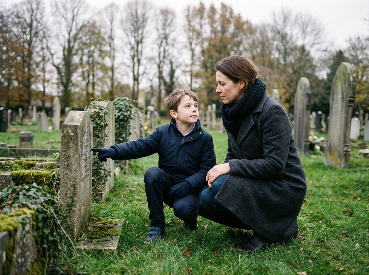 Mère et fils dans un cimetière serein