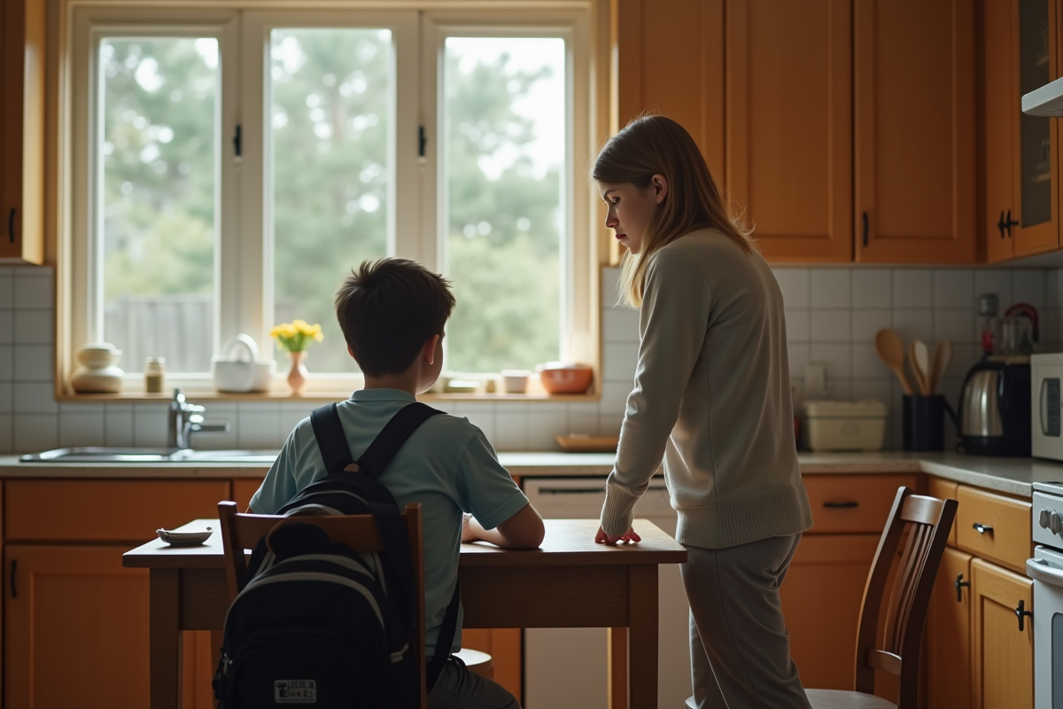 Maman et enfant en discussion dans la cuisine