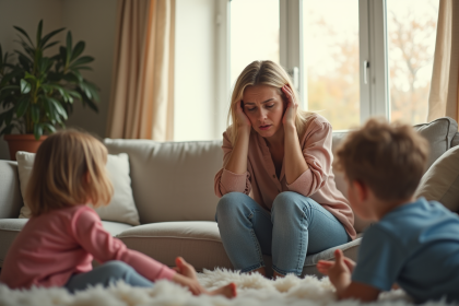 Maman fatiguée assise sur le canapé avec ses enfants