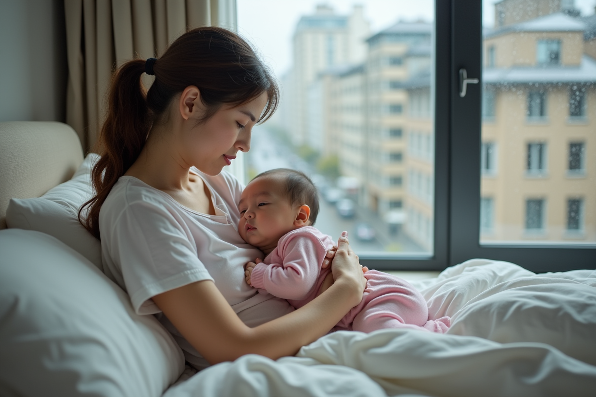 Maman tenant sa fille malade près de la fenêtre avec pluie