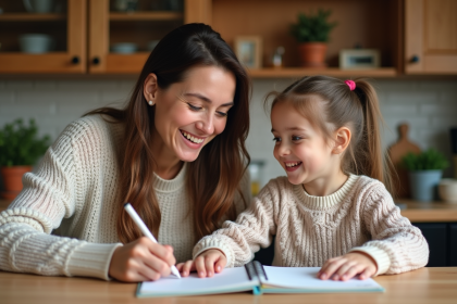 Mère et fille souriantes partageant un livre coloré à la cuisine