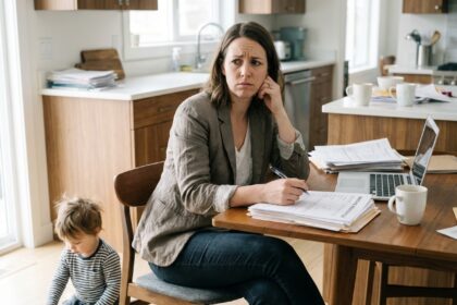 Maman concentrée remplissant des formulaires de garde d'enfants