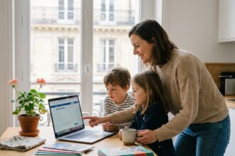 Maman parisienne aidant ses enfants à remplir un formulaire