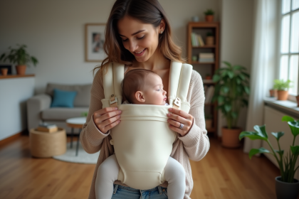 Jeune maman ajustant un porte-bébé en coton avec son bébé paisible