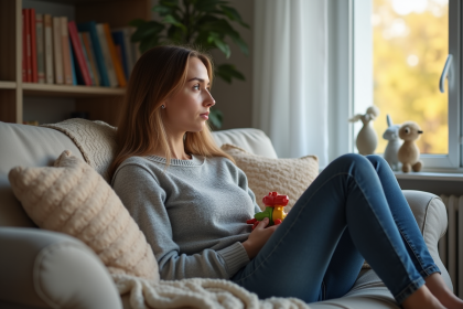 Jeune maman assise pensivement sur un canapé avec jouet