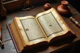 Manuscrit hébreu ancien ouvert sur un bureau en chêne illustrant l'origine historique du prénom Noah