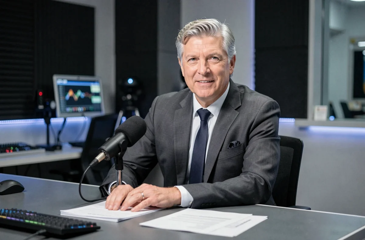 Animateur télévision chevronné assis dans un studio de production moderne, représentant une carrière médiatique accomplie dans le paysage audiovisuel français