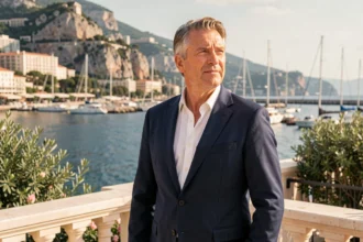 Homme élégant en veste marine sur une terrasse surplombant le port de Monaco, évoquant le style de vie luxueux et l'exil doré en Principauté