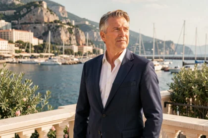 Homme élégant en veste marine sur une terrasse surplombant le port de Monaco, évoquant le style de vie luxueux et l'exil doré en Principauté
