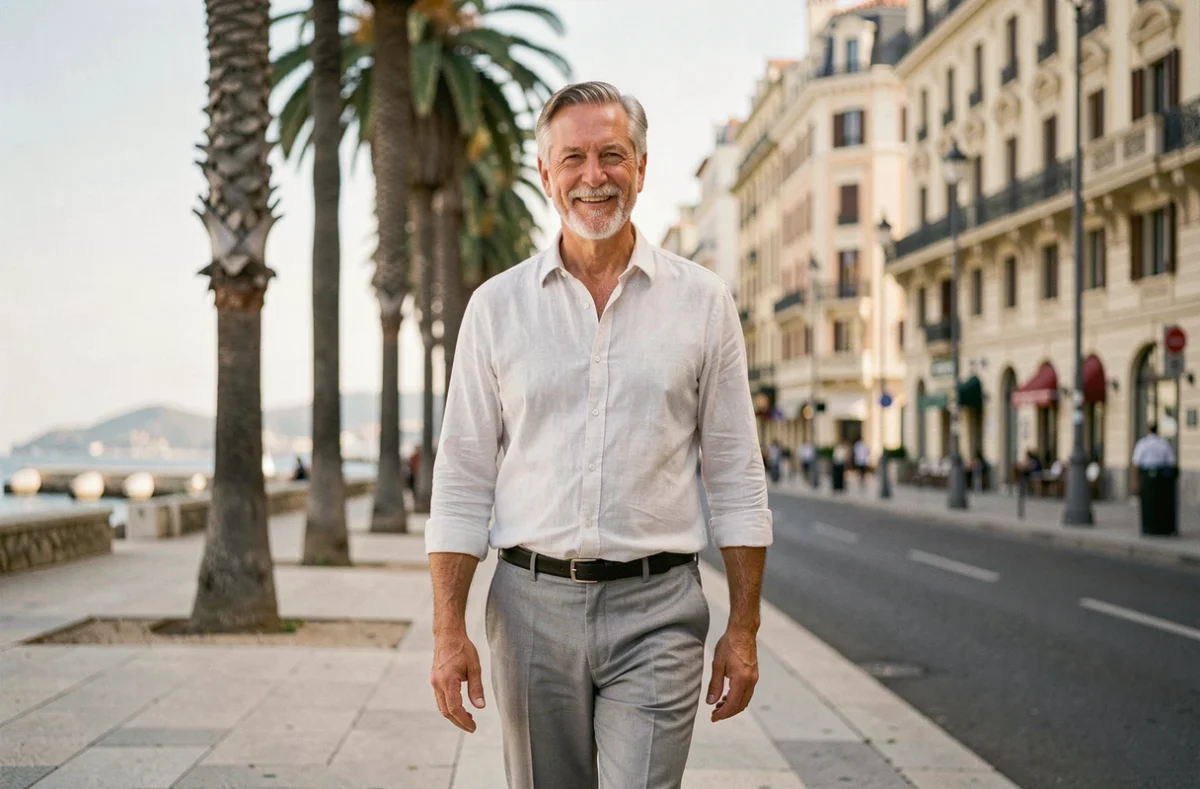 Personnalité médiatique en promenade décontractée sur la Côte d'Azur, illustrant la vie privée et la retraite luxueuse en bord de Méditerranée