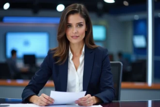 Journaliste professionnelle assise à un bureau de plateau de télévision, représentant Margot Haddad dans son environnement professionnel