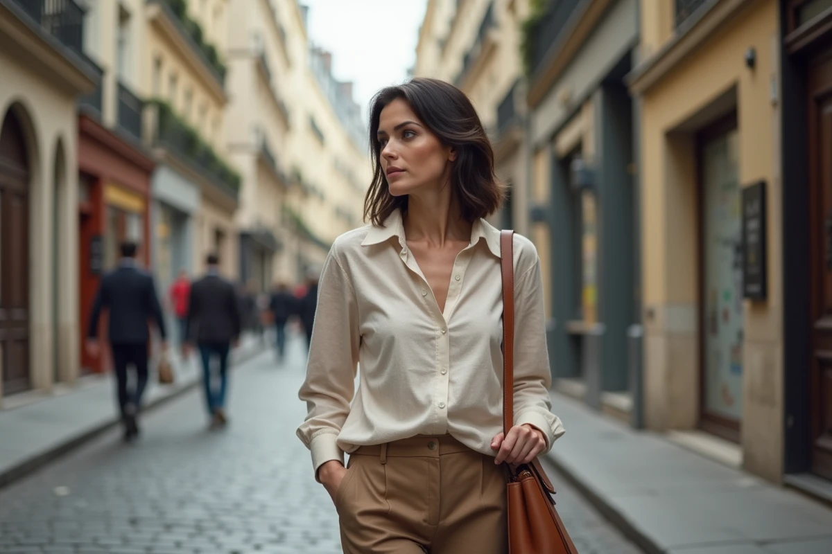 Femme élégante se promenant dans une rue parisienne haussmannienne, évoquant la vie privée et le quotidien discret d'une personnalité médiatique