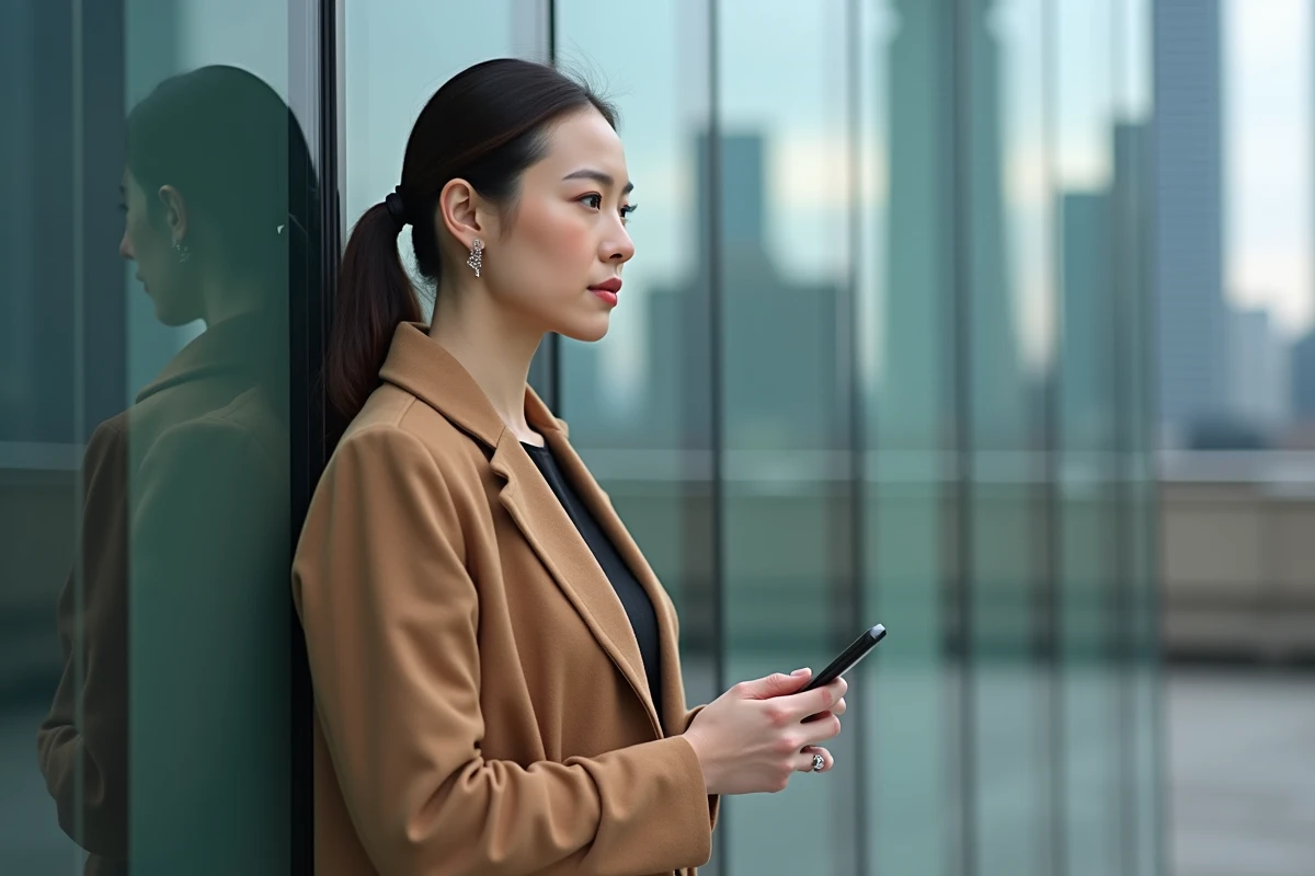 Femme de médias en manteau camel devant un immeuble moderne, illustrant la frontière entre vie publique et vie privée d'une personnalité de l'actualité