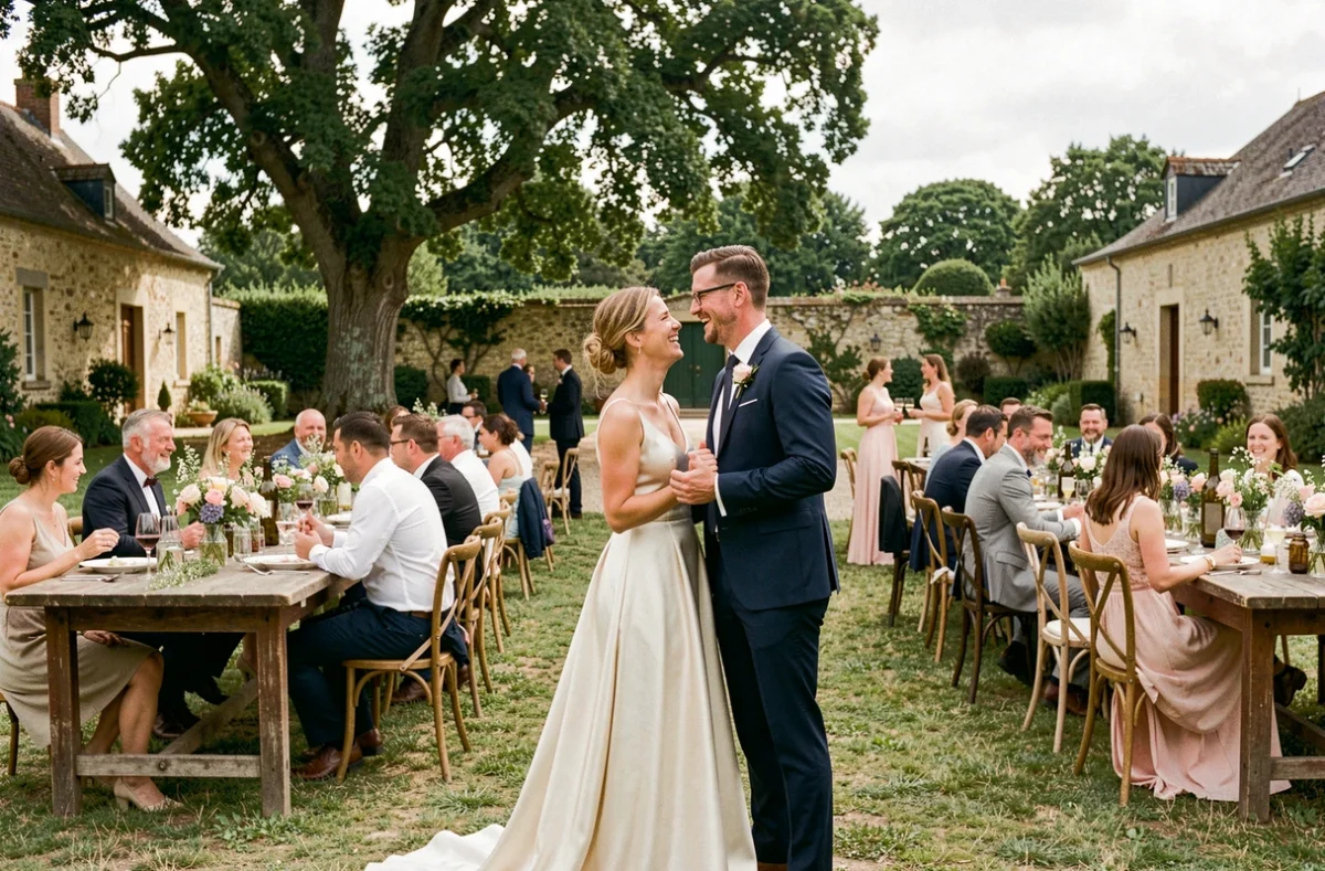 Couple de mariés riant lors d'une réception de mariage en plein air dans un domaine près de Dreux
