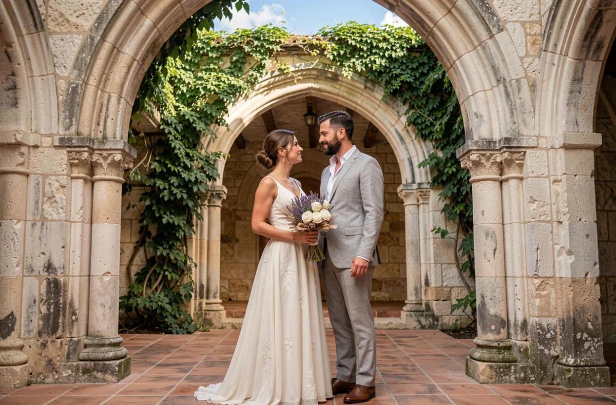 Mariés en pose romantique dans une cour médiévale typique du centre historique de Montpellier