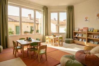 Salle de jeux colorée et accueillante d'une garderie en Nouvelle-Aquitaine avec jouets en bois et mobilier adapté aux enfants