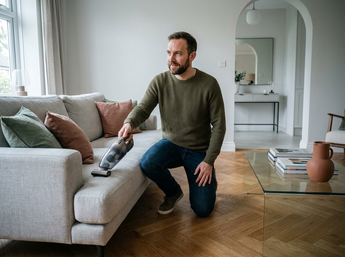 Homme préparant son salon en aspirant le canapé avant d'accueillir des invités dans un intérieur de style provincial français avec parquet en chevrons