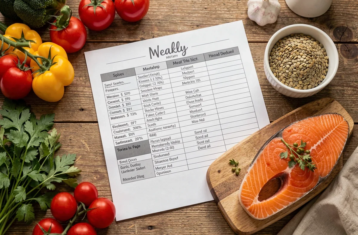 Menu de la semaine en famille avec légumes, saumon et lentilles